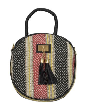 Guľatá kabelka, bavlnená, zapínanie na zips, 2 malé vrecká, farebné prúžky, 22cm