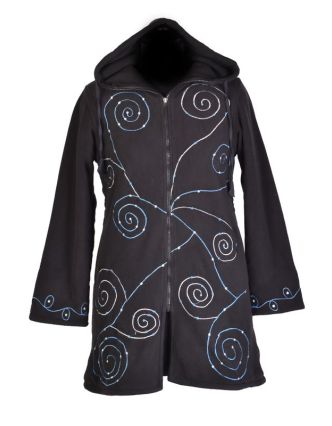 Čierny fleecový dámsky kabátik s kapucňou zapínaný na zips, spiral výšivka a mandala
