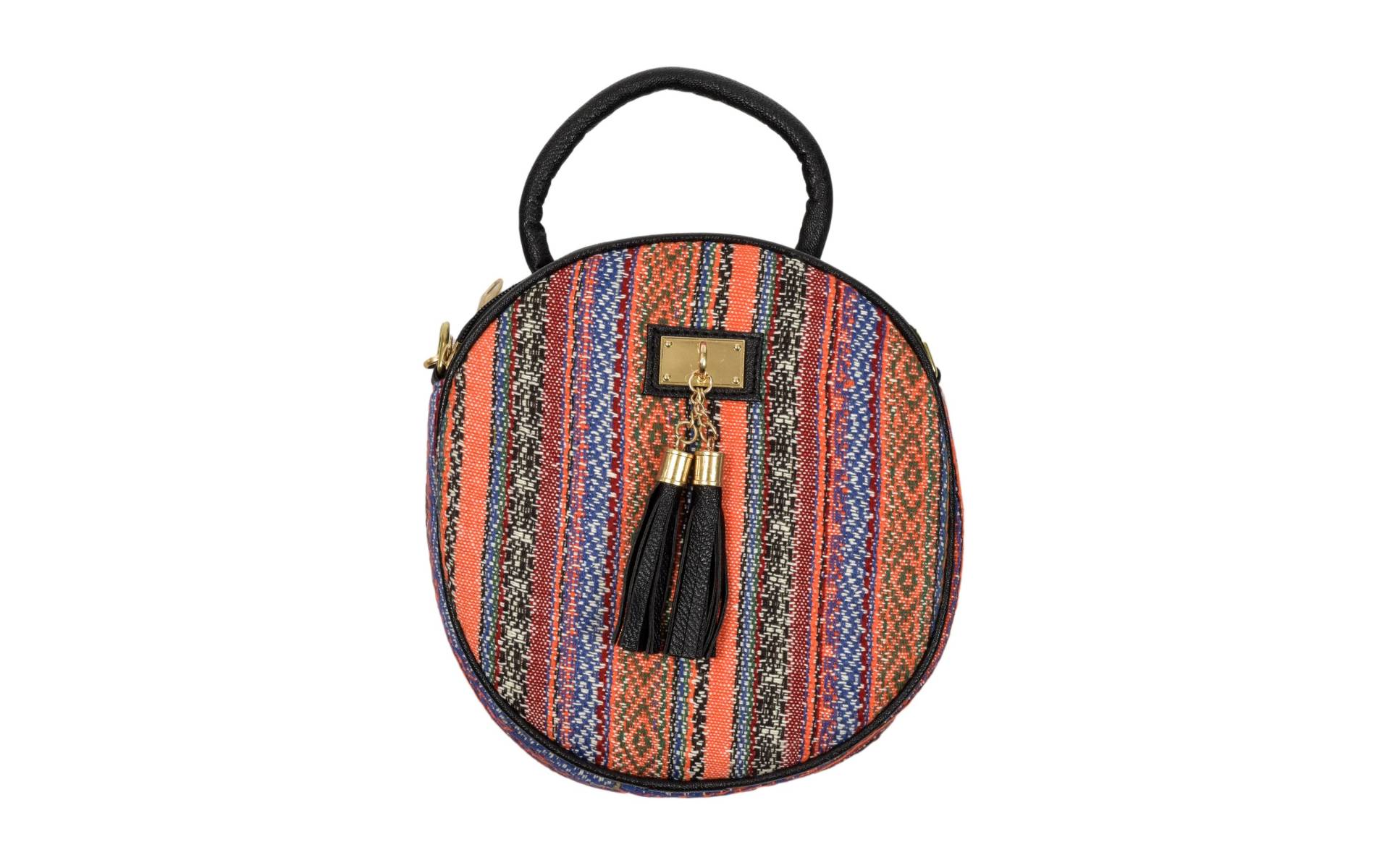 Guľatá kabelka, bavlnená, zapínanie na zips, 2 malé vrecká, farebné prúžky, 22cm
