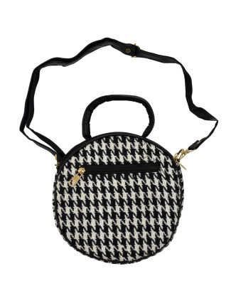 Guľatá kabelka, bavlnená, zapínanie na zips, 2 malé vrecká, čiernobiela, 22cm