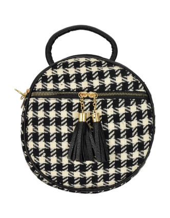 Guľatá kabelka, bavlnená, zapínanie na zips, 2 malé vrecká, čiernobiela, 22cm