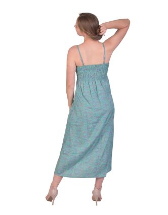 Dlhé šaty na ramienka, zelené s modrou paisley potlačou