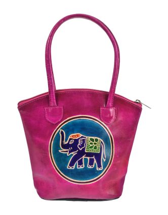 Kožená kabelka, ružová, ručne maľovaná koža, 24x22cm+14,5cm ucha