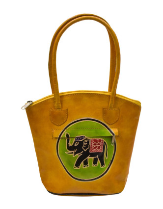 Kožená kabelka, žltá, ručne maľovaná koža, 24x22cm+14,5cm ucha