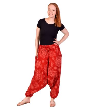 Unisex turecké nohavice, červené, Mandala potlač, vrecká, guma a šnúrka v páse