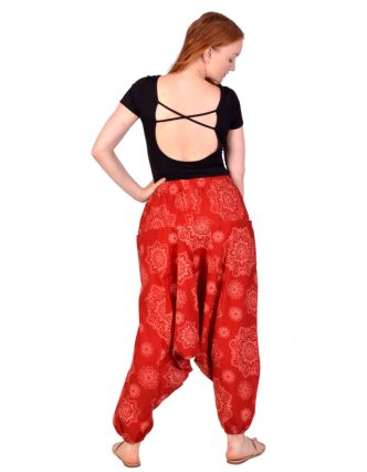 Unisex turecké nohavice, červené, Mandala potlač, vrecká, guma a šnúrka v páse