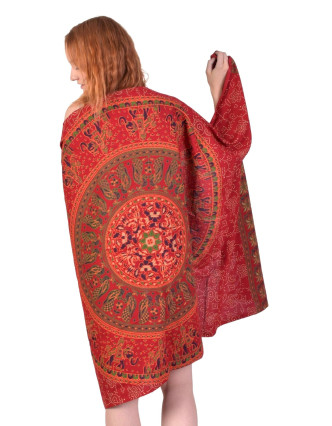 Sárong z bavlny, tmavo červený s ručnou tlačou, mandala, slony a pávy, 110x180cm