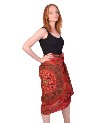Sárong z bavlny, tmavo červený s ručnou tlačou, mandala, slony a pávy, 110x180cm