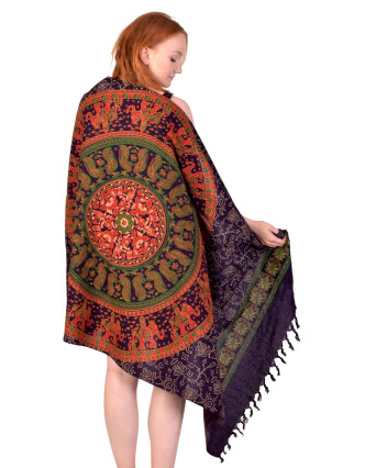 Sárong z bavlny, tmavo fialový s ručnou tlačou, mandala, slony a pávy, 110x180cm