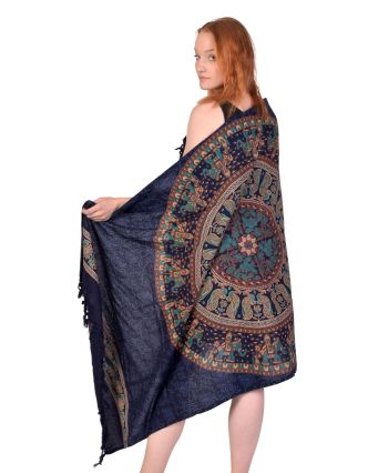 Sárong z bavlny, tmavo modrý s ručnou tlačou, mandala, slony a pávy, 110x180cm