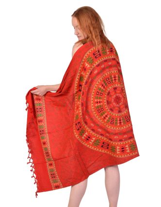 Sárong z bavlny, červený s ručnou tlačou, slonia mandala, 110x180cm
