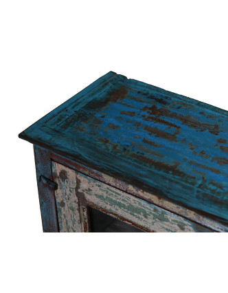 Presklená skrinka z teakového dreva, tyrkysová patina, 43x22x57cm