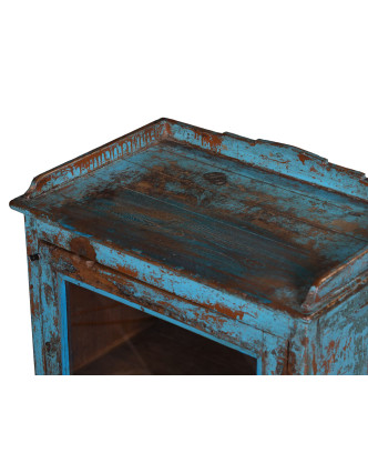 Presklená skrinka z teakového dreva, tyrkysová patina, 64x38x96cm