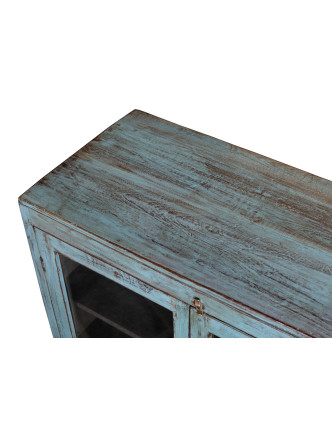 Presklená skrinka z teakového dreva, tyrkysová patina, 79x38x93cm