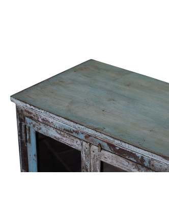 Presklená skrinka z teakového dreva, tyrkysová patina, 79x49x87cm