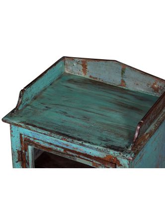 Presklená skrinka z teakového dreva, tyrkysová patina, 54x44x86cm