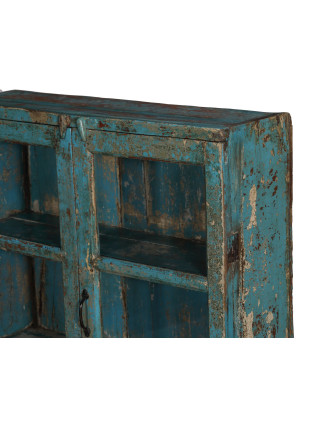 Presklená skrinka z teakového dreva, tyrkysová patina, 92x27x148cm