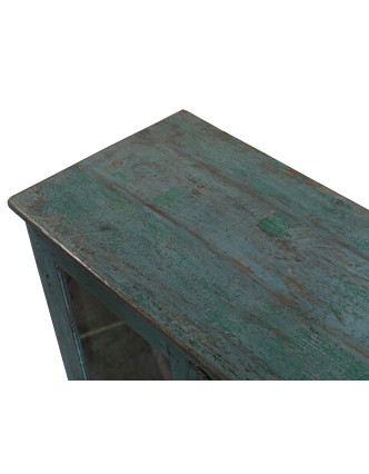 Presklená skrinka z teakového dreva, tyrkysová patina, 124x43x108cm