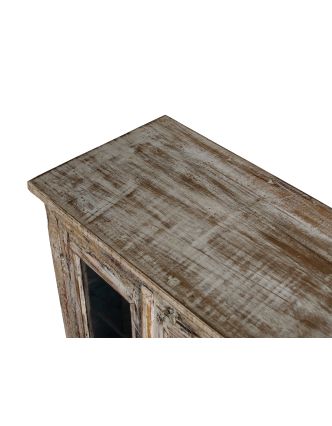 Presklená skrinka z teakového dreva, biela patina, 55x33x100cm