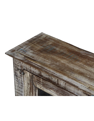 Presklená skrinka z teakového dreva, biela patina, 46x22x67cm