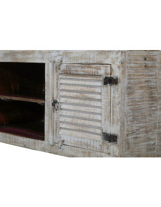 TV komoda z teakového dreva, biela patina, 152x45x60cm