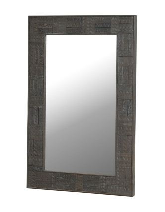 Zrkadlo v ráme z mangového dreva, ručné rezby, šedá patina, 92x4x137cm