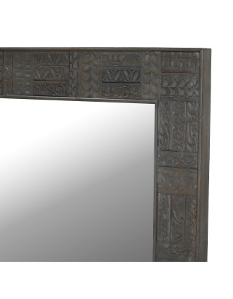 Zrkadlo v ráme z mangového dreva, ručné rezby, šedá patina, 92x4x137cm