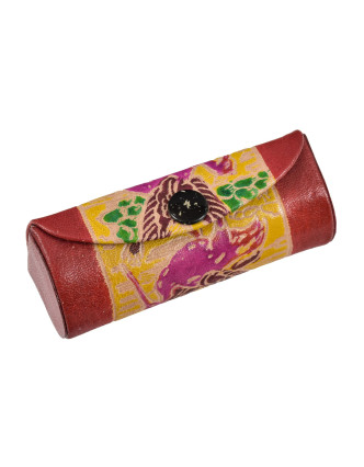 Krabička na rúž so zrkadielkom, červená, ručne maľovaná koža, 8,5x3x3cm