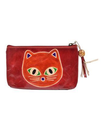 Neceser zapínaný na zips, červený, mačka, ručne maľovaná koža, 18x11cm