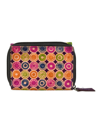 Peňaženka, farebné kolieska, fialový podklad, ručne maľovaná koža, zips 12x9cm