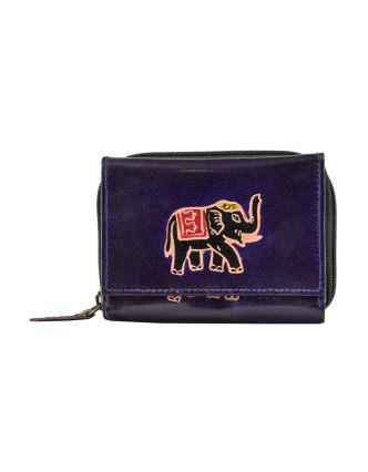 Peňaženka, fialová, slon, ručne maľovaná koža, zips 12x9cm