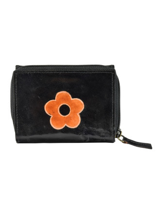 Peňaženka, čierna, kvetina, ručne maľovaná koža, zips 12x9cm
