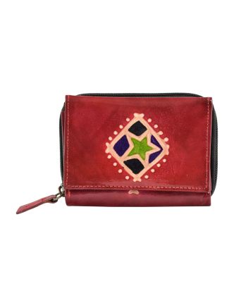 Peňaženka, červená, hviezda, ručne maľovaná koža, zips 12x9cm