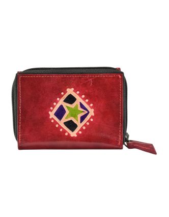 Peňaženka, červená, hviezda, ručne maľovaná koža, zips 12x9cm