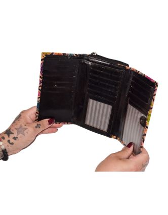 Peňaženka zapínaná na zips, farebné vzorce, maľovaná koža, čierna 17x10cm
