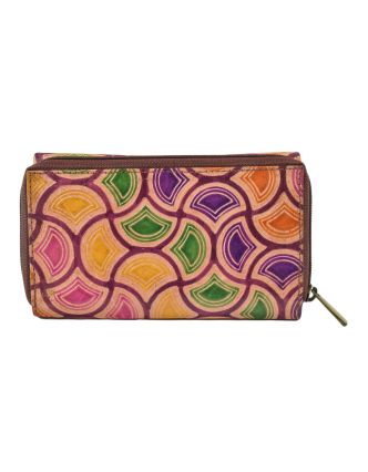 Peňaženka zapínaná na zips, farebné vzorce, maľovaná koža, vínová, 17x10cm