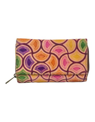 Peňaženka zapínaná na zips, farebné vzorce, maľovaná koža, vínová, 17x10cm