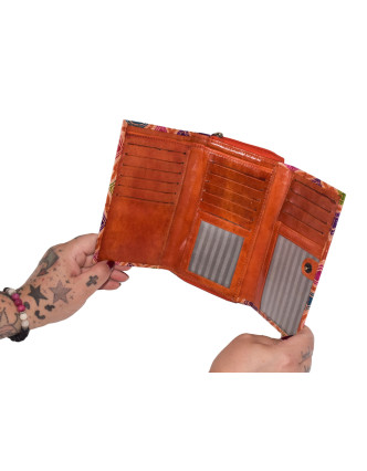 Peňaženka zapínaná na zips, farebné vzorce, maľovaná koža, oranžová, 17x10cm