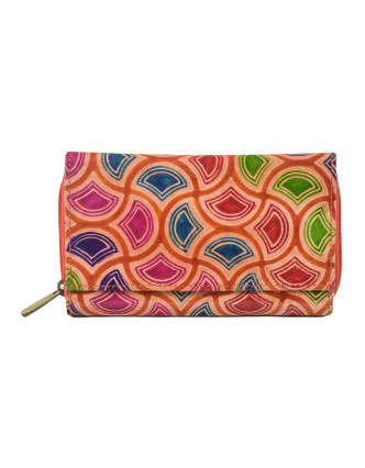 Peňaženka zapínaná na zips, farebné vzorce, maľovaná koža, oranžová, 17x10cm