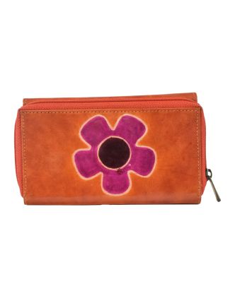 Peňaženka zapínaná na zips, kytička, maľovaná koža, oranžová, 17x10cm