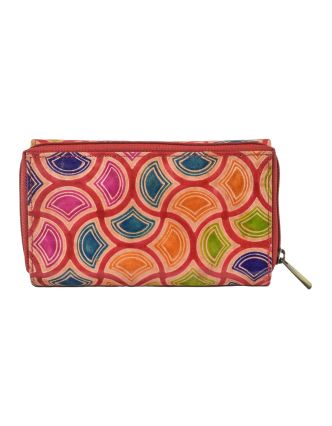 Peňaženka zapínaná na zips, farebné vzorce, maľovaná koža, červená, 17x10cm