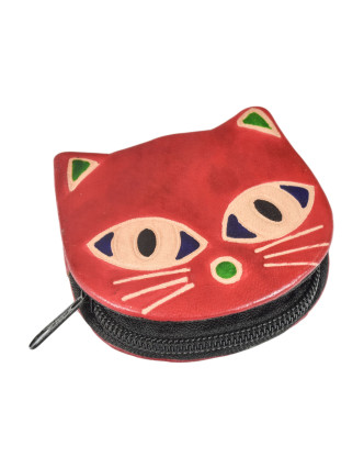 Červená peňaženka na drobné s designom mačky, ručne maľovaná koža, 8x8cm