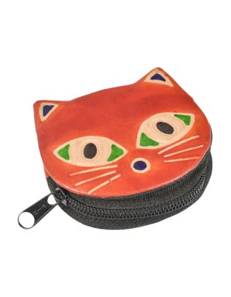 Oranžová peňaženka na drobné s dizajnom mačky, ručne maľovaná koža, 8x8cm