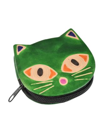 Zelená peňaženka na drobné s dizajnom mačky, ručne maľovaná koža, 8x8cm