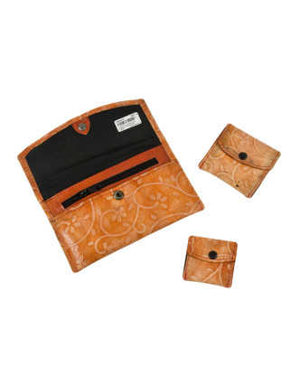 Peňaženka, sada 3ks (veľká + 2 malé) maľovaná koža, oranžová, 17,5x11cm