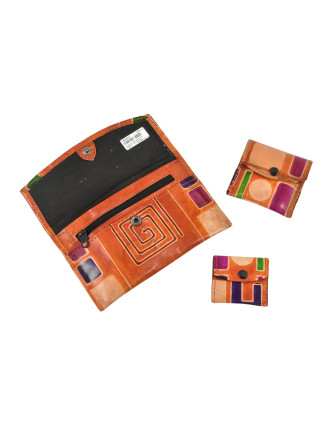 Peňaženka, sada 3ks (veľká + 2 malé) maľovaná koža, špirála, oranžová, 17,5x11cm