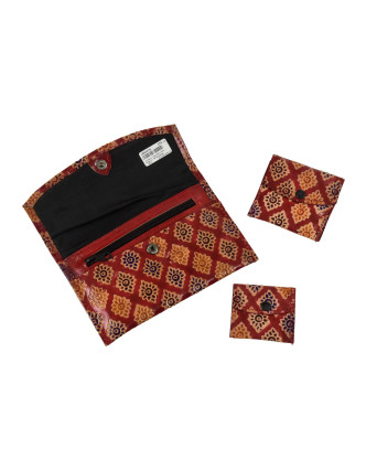 Peňaženka, sada 3ks (veľká + 2 malé) maľovaná koža, červená farebný vzor 17,5x11cm