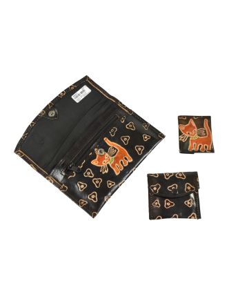 Peňaženka, sada 3ks (veľká + 2 malé) maľovaná koža, čierna, mačka 17,5x11cm