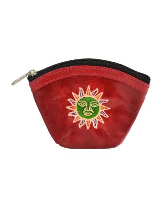 Peňaženka na drobné červená, slnko, ručne maľovaná koža, 11x9cm