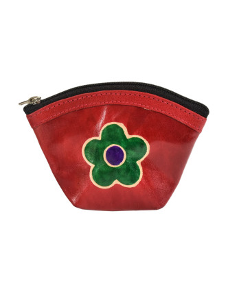 Peňaženka na drobné červená, kvetina, ručne maľovaná koža, 11x9cm
